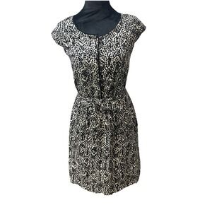 Merona Women's XS Geometric A-Line Dress Midi Black White Tie Waist Button Front